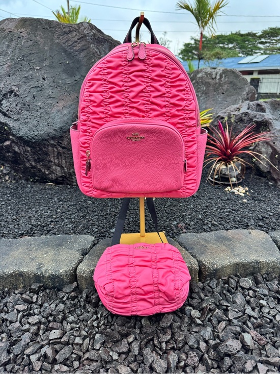 Coach Handbags - Coach C4094 2021 Hot Pink Ruched Nylon Leather Backpack + Pouch